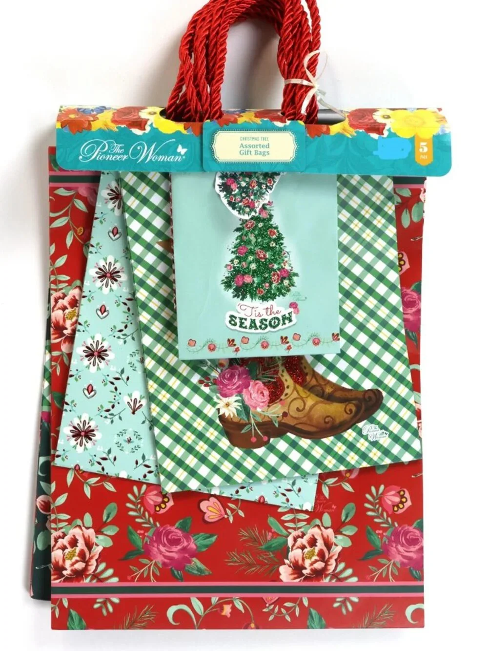 This set includes 5 Christmas gift bags featuring foil or glitter paper designs